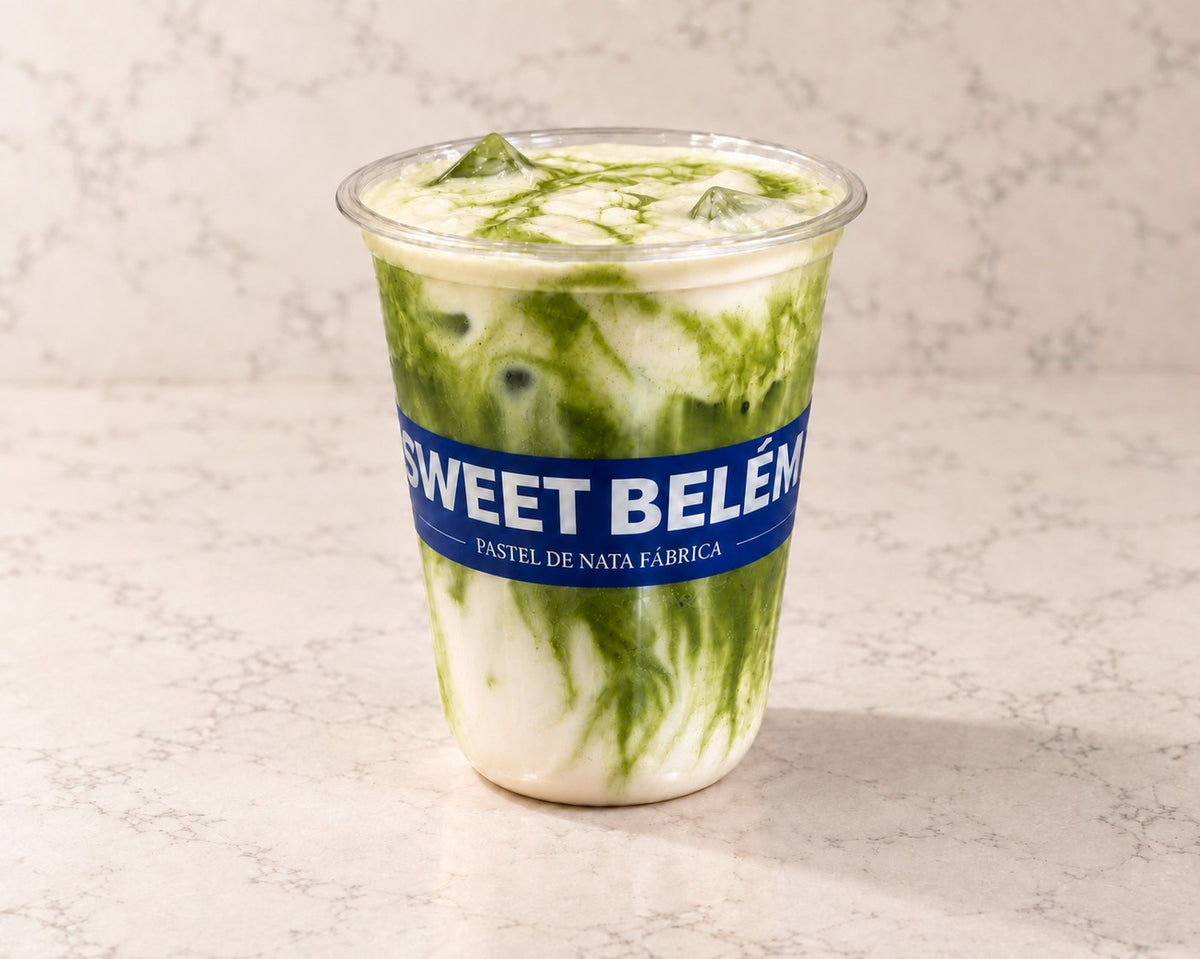 Sweet Belém Cloud Matcha Latte, iced with green matcha marbling