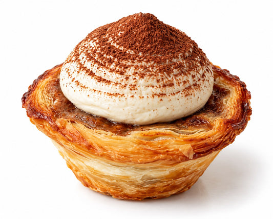 Tiramisu pastel de nata topped with mascarpone and cocoa, side view